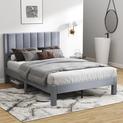 Image de Lit double tapissée - 200 x 140 cm - avec sommier à lattes et tête de lit rembourrée
