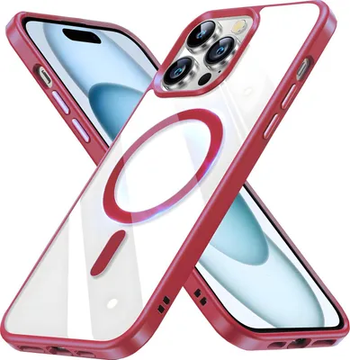 Two iPhone cases are shown crossed over each other on a white background. The cases are clear with a red bumper and a red magnetic ring on the back.