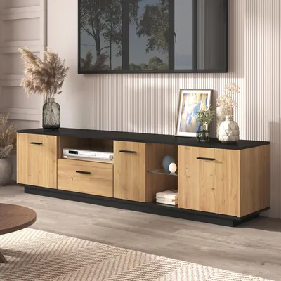Image de LED Meuble TV Avec 1 Tiroir, 3 Portes, 2 Compartiments Ouverts, Verre, Noir Et Bois Naturel