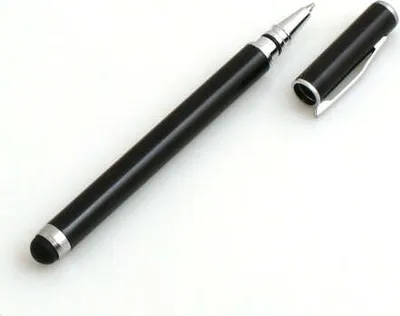 A black stylus pen with a silver tip and cap, shown on a white background.