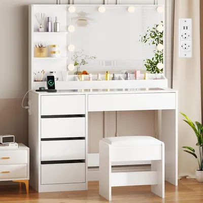 Image de Table de maquillage avec miroir - Tabouret pour table de maquillage - Routine beauté - Prises électriques intégrées - 90 x 40 cm - Blanc