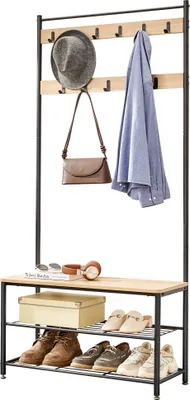 A coat rack with a bench and shoe shelves.