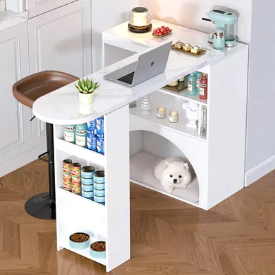A white bar table with a laptop, coffee maker, and dog bed integrated into its design.