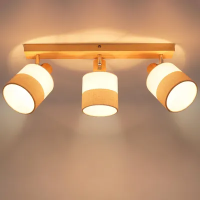 Image de ZMH Spot de plafond à 3 flammes,Plafonnier en bois,Plafonnier Vintage E14,Abat-jour en tissu,Orientable 350° Spot de plafond,MAX.25W ,Sans ampoule