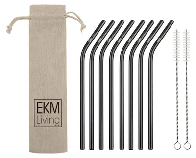 Produktbild von EKM Living Edelstahl Strohhalme 8er Set schwarz gebogen GmbH, Trinkhalme, bruchfest, wiederverwendbar, spülmaschinengeeignet, plastikfrei (schwarz gebogen, 8)