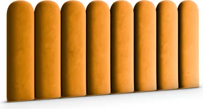 A row of eight oval-shaped upholstered wall panels in a honey-yellow color.