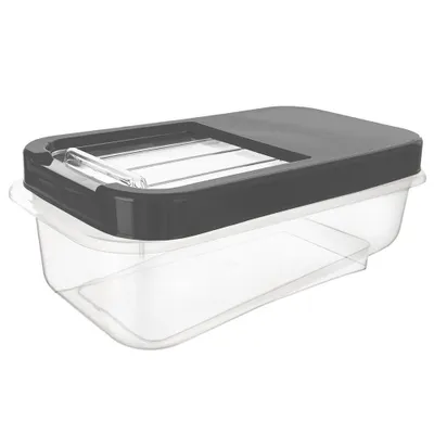 A clear studio shot of a plastic storage container with a dark gray lid.