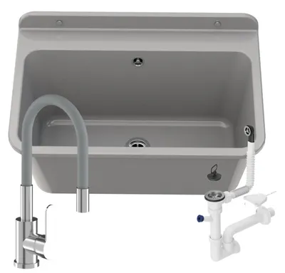 Obrázek produktu pro Granitan - Výlevka - Dřez 61x41 cm - Dřez šedý - s baterií GRADO a sifonem - LARGE