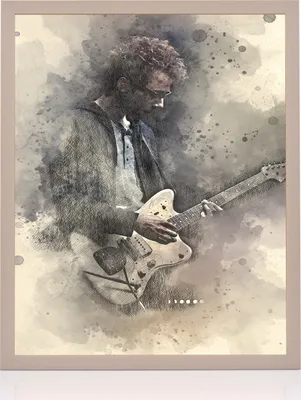 A watercolor-style illustration of a man playing a guitar.