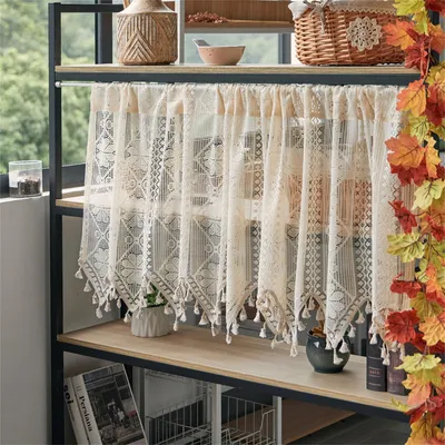 Produktbild von Küchenvorhang - Bistrovorhang - Durchsichtvorhang - Mit Stickerei - 60 x 130 cm - Beige