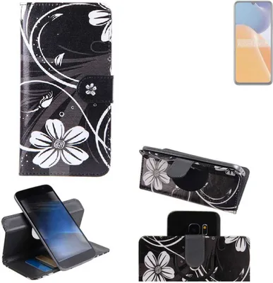 Produktbild von K-S-Trade Schutzhülle Handyhülle kompatibel mit Wiko Hi Enjoy 60 Hülle 360° Wallet Case “Flowers“ Klapphülle Hülle schwarz-weiß 1x
