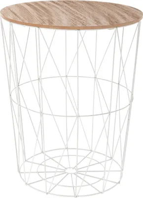 A white wire basket-style side table with a wooden top.