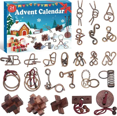 Productafbeelding van Adventskalender 2026 puzzelspellen voor volwassenen, jongens en meisjes, 24 verschillende 3D-puzzels, houten en metalen puzzels