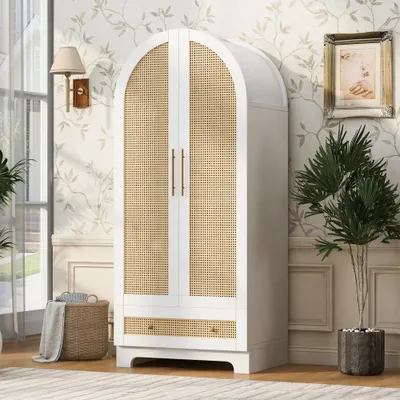 Image de Armoire – Armoire autonome – 70 x 55 x 170 cm – Double portes – Portes en polyrotin – Tiroirs – Plusieurs compartiments – Blanche