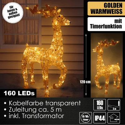 Produktbild von XXL LED Acryl Hirsch Weihnachtsfigur 120cm beleuchtet Weihnachtsdeko Außen & Innen Gold Warmweiß