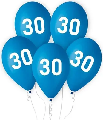 Produktbild von 5 blaue Latex-Luftballons mit Zahl 30 Motiv, 30 cm, für Luft- & Heliumfüllung