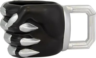 A 3D mug shaped like a black fist with silver claws and a silver handle.