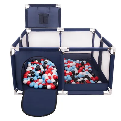 Obrázok produktu pre Detská ohrádka Selonis s košom a 100 loptičkami, modrá:čierna/biela/červená/baby blue