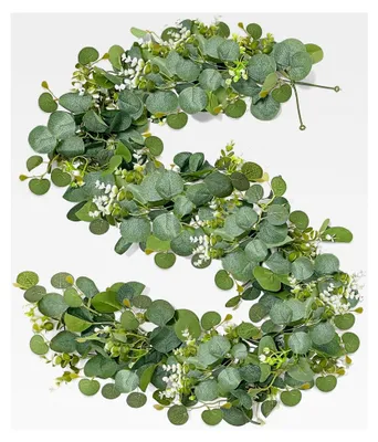 Produktbild von 2 Stück Eukalyptus-Girlande, 1,8 m hängende Eukalyptus-Dekoration mit weißen Blumen, künstliche Blumengirlande für Hochzeitsstrauß, Blumen, Heimdekoration