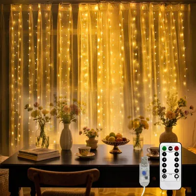 Productafbeelding van LED-gordijnverlichting met afstandsbediening - 3 x 3 m - 300 LED's - Raamverlichting met timer - Dimbaar - Warm wit