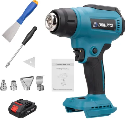 Obrázek produktu pro Drillpro 21V horkovzdušná pistole s LED displejem 30-650 °C, keramické topné těleso pro smršťování fólií a pájení - s 1 dobíjecí baterií