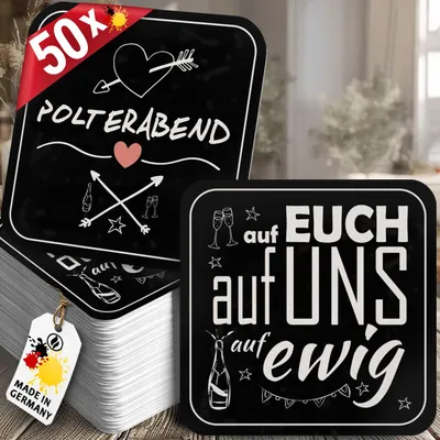 Produktbild von 50 Bierdeckel Polterabend, Herzmotiv schwarz-rosa, Hochzeit Party quadratisch