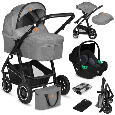 Produktbild von Lionelo Bianka 3in1 Kinderwagen, Autotransporter, Autositz, klappbar, Travel System Rückenlehne verstellbar 360o Räder Polsterung, Verdeck XXL-Grau