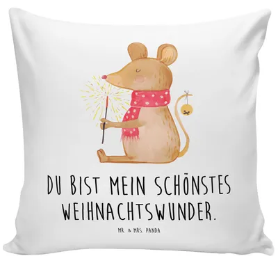 Produktbild von Mr. & Mrs. Panda kuschelkissen 40x40 Maus Weihnachten - Weiß - Geschenk, Lounge Kissen, Dekokissen, Weihnachtsgruß, Frohe, Sofa, Deko, Weihnachtsmotiv, Mäuschen, bedruckt