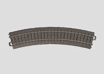 A single piece of curved model train track is shown against a plain background.