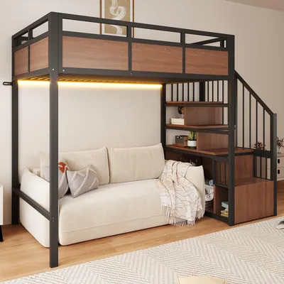 Produktbild von MODFU Hochbett 90x200 Kinderbett mit Sicherheitsgitter,Jugendbett mit LED und Stauraum,Metall-Bettrahmen mit Geländer,ohne Matratze,Schwarz