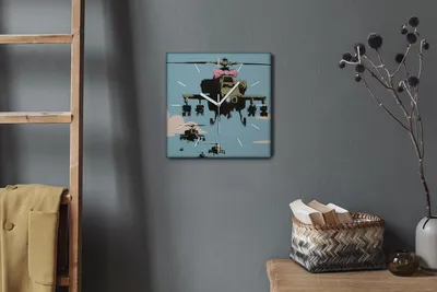 Produktbild von Coloray Hodiny Unikátní 30x30 cm  Tiché hodiny Pro obývací pokoj a kuchyň Nástěnné hodiny Plátno Bílé ručičky hodin - Vrtulník Banksy