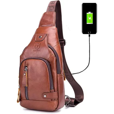 Produktbild von MODFU Sling Bag Leder Schultertasche Brusttasche Umhängetasche Herren Bauchtasche Tasche Rucksack Daypacks Wasserresistent braun