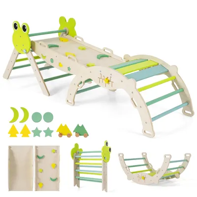 A collage of images showing a wooden indoor climbing structure for children, its components, and accessories.