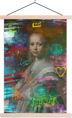 Produktbild von MuchoWow® Textilposter Porträt eines Mädchens in Blau - Johannes Cornelisz - Neon 40x60 cm mit holzfarbenen Rahmen - Poster