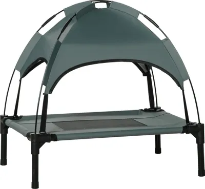 Produktbild von Erhöhtes Hundebett mit Baldachin, Haustierbett, Hundeliege outdoor mit Dach, Atmungsaktiv, Taftstoff für Camping Grau 61 x 46 x 62 cm