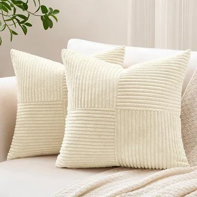 Zdjęcie produktu dla Zestaw 2 poszewek na poduszki z tkaniny corduroy, w paski, 60 x 60 cm, z ukrytym zamkiem błyskawicznym, dostępne w różnych kolorach, idealne do salonu i sypialni