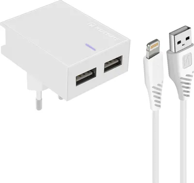 Produktbild von Dual 3A USB-Netzladegerät + Lightning Kabel, Swissten Slim Series - Weiß