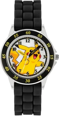A close-up, front-facing studio shot of a Pikachu-themed children's watch.