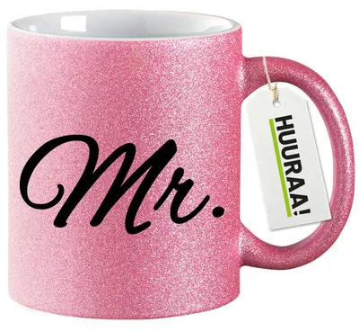 Produktbild von Huuraa Glitzertasse Mr. Schriftzug 330ml Pink Keramik Kaffeebecher Geschenkidee