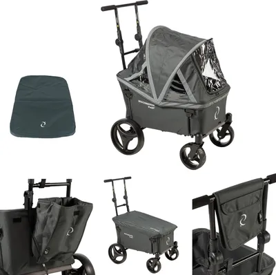 Produktbild von Beach Wagon Bollerwagen PUSH, Handwagen mit Schiebestange Vollgummi-Reifen, Kombiset mit Dach, Matratze, Wannenabdeckung, Konsolentasche und Querträgertasche - Dunkelschwarz