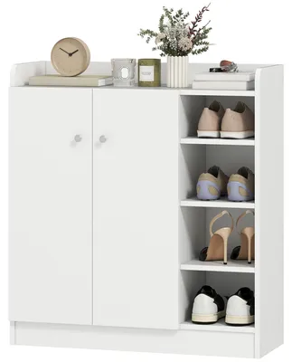 Zdjęcie produktu dla Komoda na buty, półka na buty, szafka na buty z drzwiczkami i 4 półkami, płyta wiórowa MDF, biały kolor | Zabezpieczenie przed przewróceniem | 25 kg | 83 x 30 x 90 cm