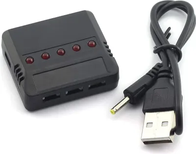 Obrázok produktu pre Univerzálna nabíjačka USB 5 v 1 pre lítiové batérie | Pre Hubsan H107D, Syma X5C, RC vrtuľníky, kvadrokoptéry | Ochrana proti prebitiu, čierna