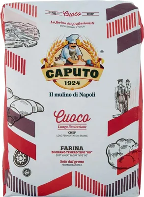 A bag of Caputo flour with illustrations of baked goods and a baker.