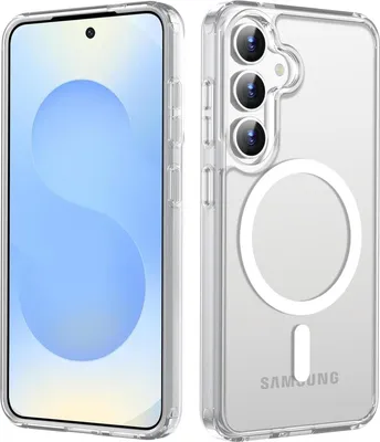 A clear plastic phone case with a magnetic ring is shown from the front and back.