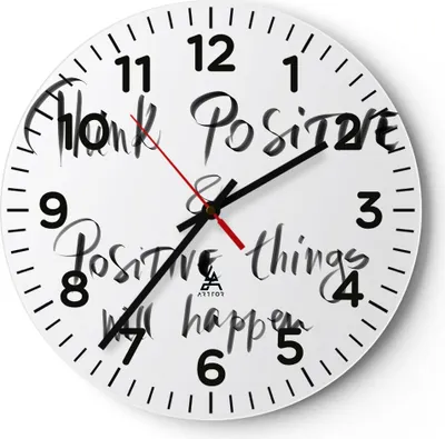 Produktbild von Wanduhr - Rund - Glasuhr - Motto Gedanke positiv - 30x30cm - Schleichendes Uhrwerk - Lautlos - zum Aufhängen bereit - Dekoration Modern - Wanddekoration aus Glas - C4AR30x30-4162