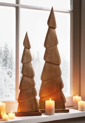 Image de 2 décorations en forme de sapin de Noël "élégantes", en bois de mangue, hauteur 60 + 80 cm, décorations de Noël