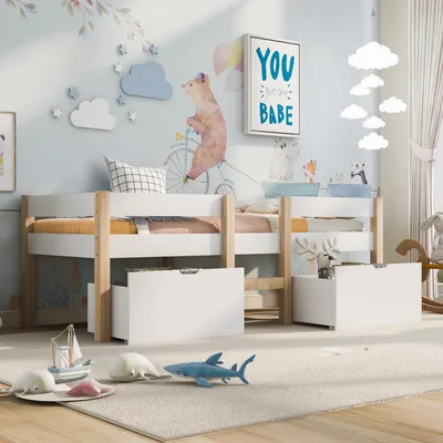 A child's bedroom with a bunk bed, decorated with wall art and toys.