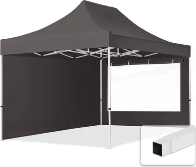 A dark gray pop-up tent with a clear window panel and a close-up of a white pole connector.
