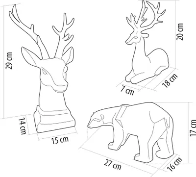 Diagrams showing the dimensions of three decorative animal figures: a deer head, a sitting deer, and a polar bear.