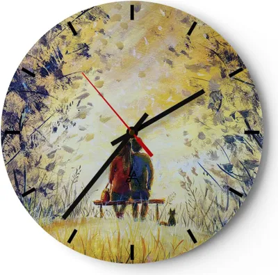 Produktbild von Wanduhr - Rund - Glasuhr - Liebhaber auf Bank - 30x30cm - Schleichendes Uhrwerk - Lautlos - zum Aufhängen bereit - Dekoration Modern - Wanddekoration aus Glas - C3AR30x30-4578